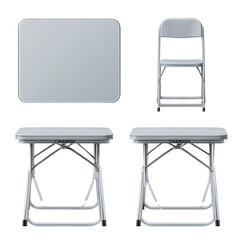 A set of simple gray tables and chairs in a room, a practical and adaptable choice for diverse situations