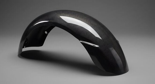 A premium studio photograph of a high-performance motorcycle front fender crafted from lightweight carbon fiber. 