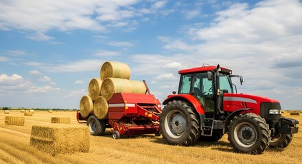 Fototapeta premium Red Tractor with Attached Hay Baler in Golden Field Scattered with Cylindrical Hay Bales Under Blue Sky