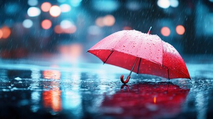 A vibrant red umbrella sits on a wet street reflecting colorful bokeh lights, capturing the essence of a rainy city evening with a sense of solitude and beauty.