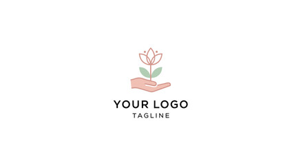 Fototapeta premium minimalist logo design of a hand holding a small plant with a blooming flower symbolizing growth and care
