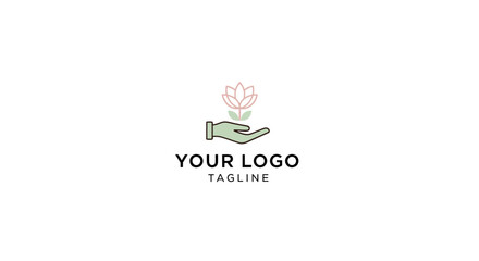 Fototapeta premium Minimalist logo design featuring a green hand holding a blooming lotus flower symbolizing growth and care