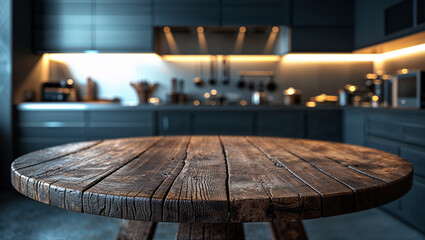 Empty round wooden table in a modern kitchen setting