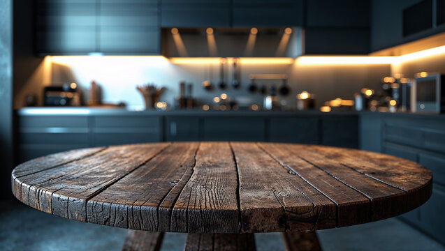 Empty round wooden table in a modern kitchen setting - Powered by Adobe