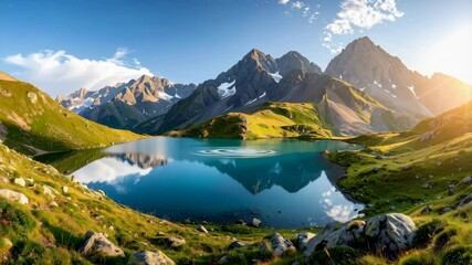 Scenic alpine lake reflecting majestic mountains, snow, and vibrant green meadows under clear blue sky during sunny day - Powered by Adobe