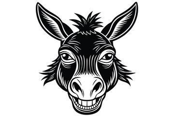 A monochrome donkey face smiles with its large teeth, set on a clean, plain background