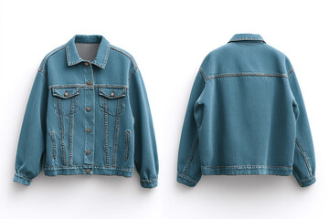 Denim jacket displayed on a white background, showcased from both the front and back. Clean lines and simple styling.
