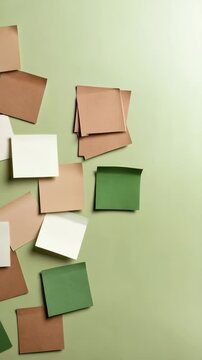 Scattered square paper notes in green, brown, and white on a green background. Colorful sticky notes on a flat surface.