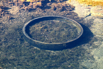 Old rubber tire partially buried and submerged in shallow clear water, surrounded by algae, sand,...