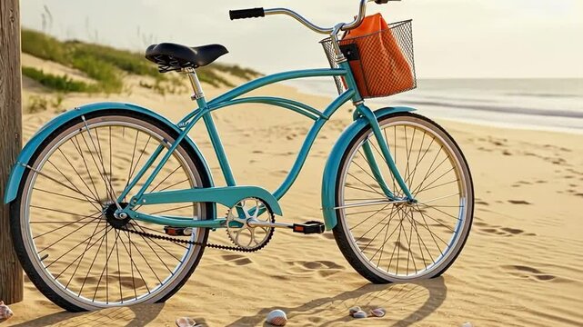 A vibrant beach bicycle with a basket, set against sandy shores.