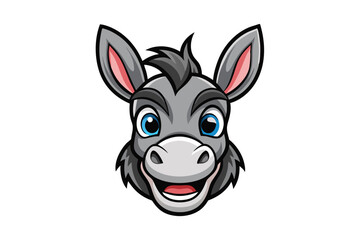 Animated gray donkey head with wide smile and blue eyes looks cheerful on white