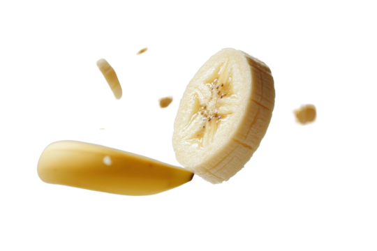 Falling banana with slices breaking apart in mid-air, showcasing motion and freshness against a clean background