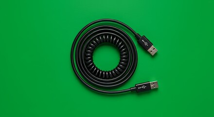 Coiled Black USB Cable on Vibrant Green Background