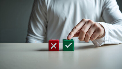 Businessman choosing correct answer, making decision with yes or no blocks