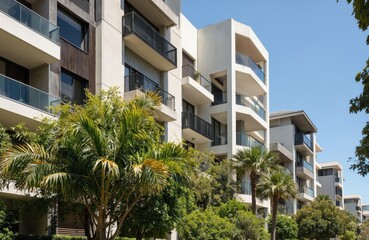 Fototapeta premium Modern apartment buildings in Waterloo, Sydney, Australia. Residential architecture contemporary design, with glass balconies, palm trees against clear blue sky, reflecting urban living, real estate