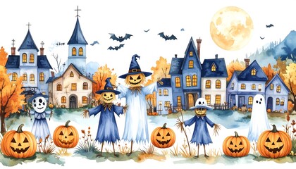 Halloween scarecrows village scene.