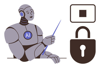 AI robot holding pointer beside lock and power switch symbols, emphasizing privacy, technology, cybersecurity. Ideal for AI, education, safety, innovation, data protection secure access simple flat