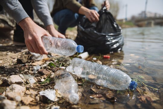 People picking up plastic bottles by riverbank