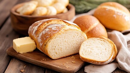 This image features a loaf of freshly baked bread with a golden crust, sliced to reveal its soft texture, next to a pat of butter on a rustic wooden board, perfect for meals.