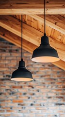 Obraz premium Shared loft space with natural wood beams and autumn lighting