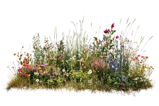 Vibrant patch of wildflowers and native grasses blooming in a sunny meadow during springtime along the countryside