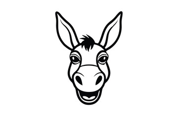 Smiling donkey face illustration displays a friendly cartoon outline with expressive eyes