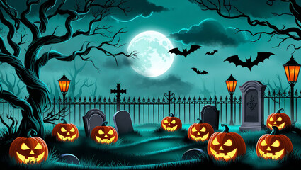 Spooky halloween cemetery with pumpkins and bats under full moon