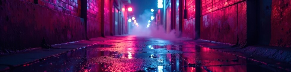 Obraz premium Neon-drenched alley; slick concrete reflects vibrant hues Smoke drifts , concrete, backdrop
