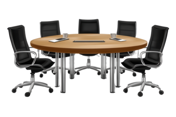 Office conference table with five black chairs, round design ideal for meetings, isolated on a transparent background for professional presentation or graphic design needs