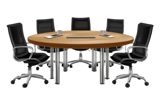 Office conference table with five black chairs, round design ideal for meetings, isolated on a transparent background for professional presentation or graphic design needs