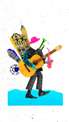 Hand cut collage. Character made of architectural buildings and musical instruments reflects the...