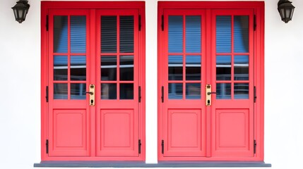 Fototapeta premium Pair of Red French Doors on White Wall Exterior