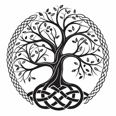 Black and White Celtic Tree of Life with Intricate Knotwork Border