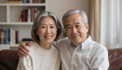 Portrait of happy asian mature senior couple smiling at camera, embracing. Elderly man, woman indoors on sofa. Concept of love, family, relationships, happiness. Grandfather, grandmother with gray