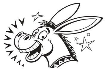 Animated donkey head laughs heartily surrounded by stars, exuding joy and cheerfulness