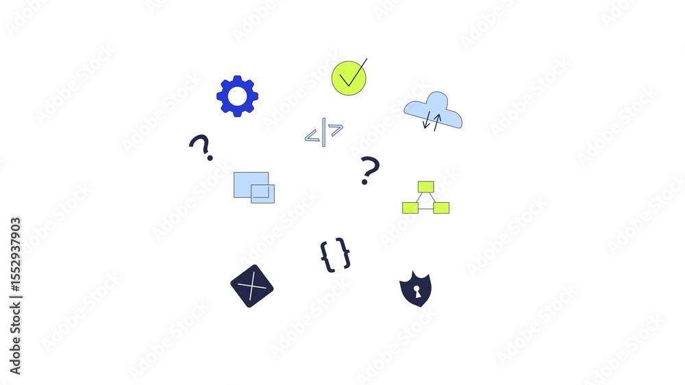 Poster programming and development icons appearing floating 2d animation. gear, cloud upload, secure shield