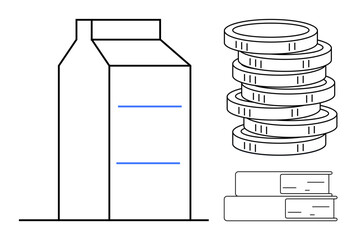 Milk carton next to stacked coins and books emphasizing nutrition, economy, education. Ideal for finance, sustainability, education, budgeting, research learning health discussions. Simple flat