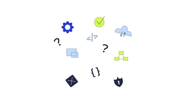 Programming and development icons appearing floating 2D animation. Gear, cloud upload, secure shield, flowchart, code brackets animated object cartoon flat concept metaphor 4K video isolated on white