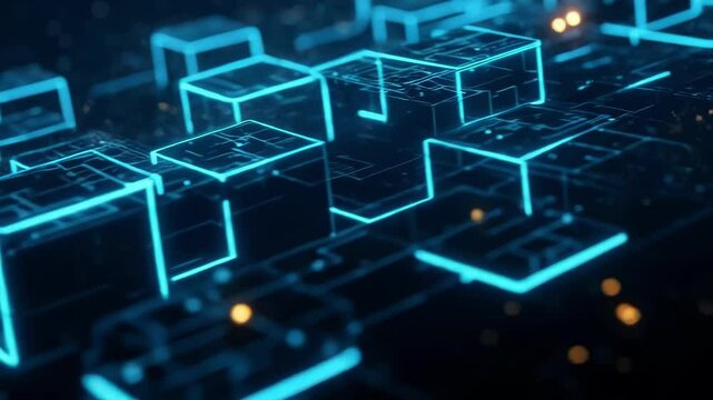 Abstract background with glowing blue cubes and particles