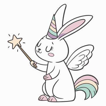 Naklejki Shy Bunny with holding a paintbrush, set in a charming Unicorn Dreams theme – Unicorn Dreams color vector art