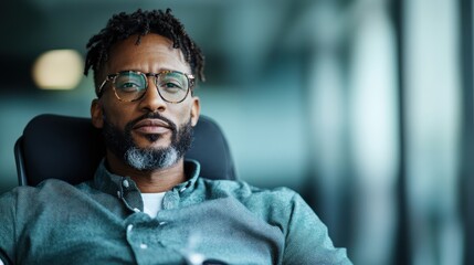 A confident man sits in a modern chair, gazing thoughtfully with stylish glasses and a composed expression, embodying professionalism, introspection, and relaxed elegance.