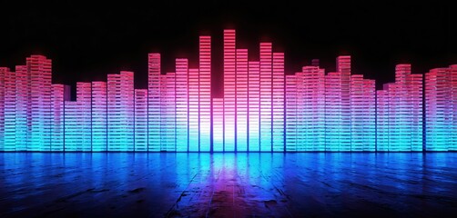 Rainbow music equalizer on black background with reflection. Abstract audio blue disco illustration perfect for electronic music poster, DJ set design, dance party banner, radio broadcast sound tech