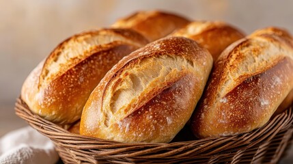 A warm and inviting display of freshly baked bread loaves nestled in a woven basket, emphasizing peace, comfort, and the joy of homemade food in a rustic setting.