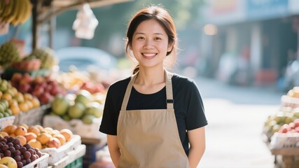 A smiling Asian female fruit vendor at her stand