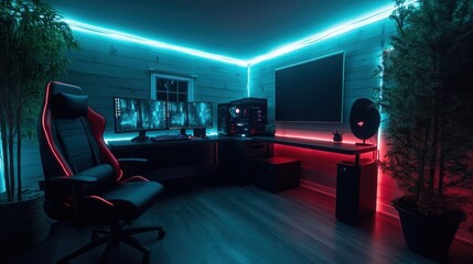 A stylish futuristic gaming room featuring dual monitors and neon lighting, creating an immersive and captivating workspace perfect for gaming enthusiasts and creators.