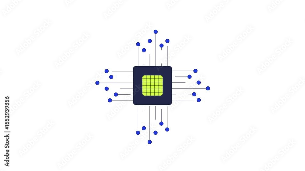 Aufkleber central microchip with extending circuit nodes 2d cartoon object animation. computing power. it tech