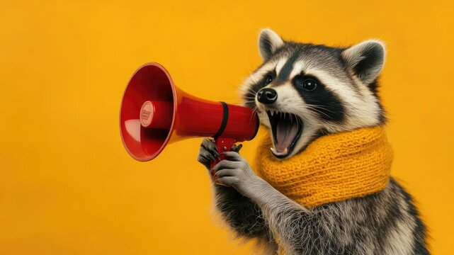 A raccoon wearing a scarf and holding a megaphone, great for environmental or animal-themed illustrations