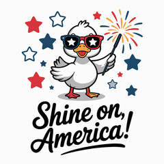White bird with American sunglasses and sparkler illustration with shine on America text for celebration  