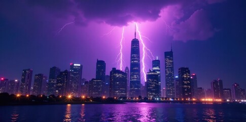 Obraz premium Purple lightning illuminates skyscrapers, rain streaks down , city, building
