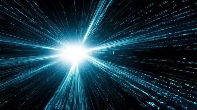 Binary code data streams toward a bright light in a digital tunnel